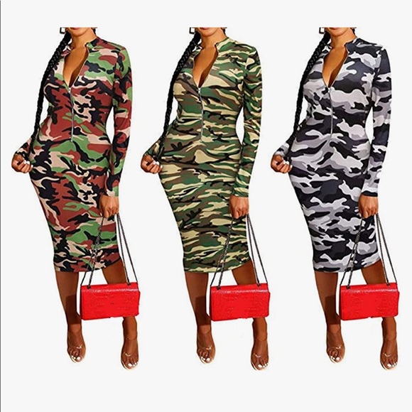 Dresses & Skirts - 🎉3 For $20 Or $8 Each Camo Printed Zipper Neck Knit Bodycon Midi Dresses